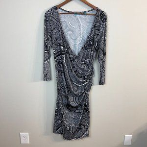 Tori Richard Faux Wrap‎ Dress XL Black White Paisley V-Neck Gathered Waist